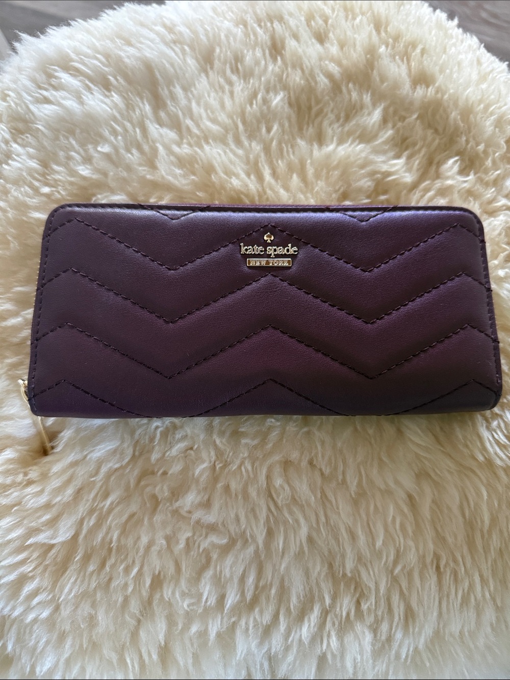 kate spade Quilted Chevron Zip Wallet in Burgundy with Gold Logo